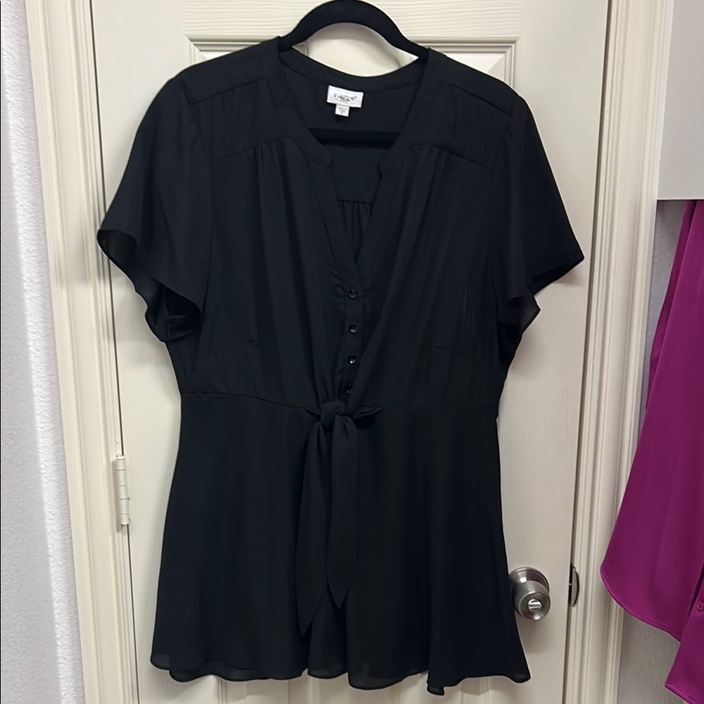 Avenue Black Button-Down Tie Blouse